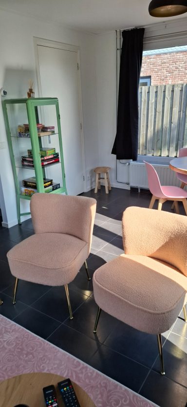 Twee lichtroze stoelen met gouden poten in een lichte kamer met een boekenrek.
